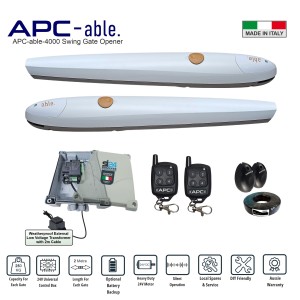 Double Swing Gate Opener Kit with Italian-Made APC-able-2000x2 Swing Gate Electric Motor. 24V Double Swing Gate Automation System with Remote Controls And Safety Sensors For Double Driveway Gates - Max. 2M or 250KG per Gate Leaf.