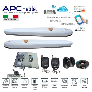 WiFi Control Smart Double Swing Gate Opener Kit with Italian-Made APC-able-2000x2 Swing Gate Electric Motor. 24V Double Swing Gate Automation System with APC Link2 Wi-Fi Module, Remote Controls And Safety Sensors For Double Driveway Gates - Max. 2M or 250KG per Gate Leaf.