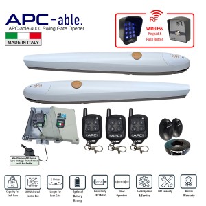 Double Swing Gate Opener Wireless Controller Kit with Italian-Made APC-able-2000x2 Swing Gate Electric Motor. 24V Double Swing Gate Automation System with Remote Controls, Safety Sensors, Wireless Keypad and Push Button Switches For Double Driveway Gates - Max. 2M or 250KG per Gate Leaf.