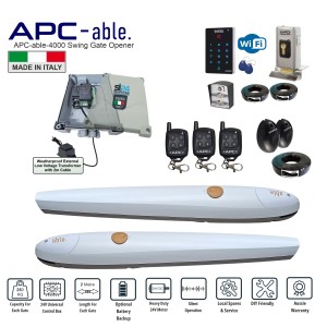 Double Swing Gate Opener Secure Kit with Italian-Made APC-able-2000x2 Swing Gate Electric Motor. 24V Double Swing Gate Automation System with Remote Controls, Electric Lock, Wi-Fi Keypad with APP Control, Exit Button and Safety Sensors For Double Driveway Gates - Max. 2M or 250KG per Gate Leaf.