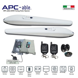 Double Swing Gate Opener Kit with Italian-made APC Able 3000x2 Heavy-Duty Linear Actuators. Double Swing Remote Control Driveway Gates Automatic Opening/Closing 24V System for Max 6m Gates (3m or 600kg for Each Gate) With Adjustable Built-In Stop and Safety Sensors. APC Gate Automation Systems for Australian homes are built to withstand harsh conditions, with local support and warranty.