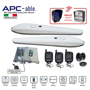 Double Swing Gate Opener Wireless Controller Kit with Italian-Made APC-able-3000x2 Heavy Duty Linear Actuators. Double Swing Gate Automation with Remote Controls, Safety Sensors, Wireless Keypad and Push Button Switches for Double driveway Gates Automatic Opening/Closing 24V System for Max 6m Gates (3m or 600kg for Each Gate) With Adjustable Built-In Stop. APC Gate Automation Systems for Australian homes are built to withstand harsh conditions, with local support and warranty.