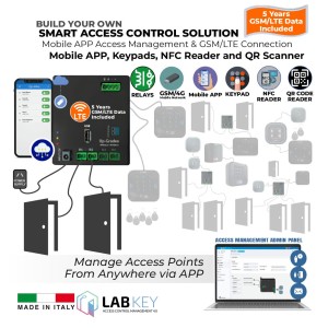 Build Your Own GSM Access Control and Management Solution with 4G/LTE (SIM Card and 5 Years of Data Included) Mobile Network connectivity and an advanced, cloud-based access management tool. To control all required access points in a single solution. Made in Italy by LabKey | This solution uses control devices and a mobile app for access; it can be upgraded for wireless control devices.