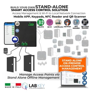 Build Your Own Stand-Alone, Offline, Secure Access Control and Management Solution with Wi-Fi to Local Area Network (LAN) connectivity and an advanced, on-premises access management tool. To control all required access points in a single solution. Made in Italy by LabKey | This solution uses control devices for access.
