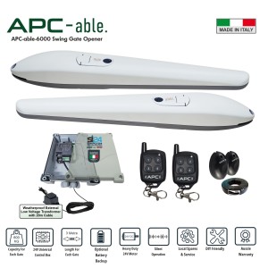 Double Swing Gate Opener Trade Kit with Italian-made APC Able 3000x2 Heavy-Duty Linear Actuators. Double Swing Automatic Opening/Closing Driveway Gates 24V Low Voltage System for Max 6m Gates (3m or 600kg for Each Gate) With Adjustable Built-In Stop, Remotes, Safety Sensors and External Transformer with 20m Low Voltage Cable. APC Gate Automation Systems for Australian homes are built to withstand harsh conditions, with local support and warranty.
