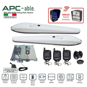 Double Swing Gate Opener Wireless Controller Kit with Italian-Made APC-able-3000x2 Heavy Duty Linear Actuators. Double Swing Automatic Opening/Closing Driveway Gates 24V Low Voltage System for Max 6m Gates (3m or 600kg for Each Gate) With Adjustable Built-In Stop, External Transformer with 20m Low Voltage Cable, Remote Controls, Safety Sensors, Wireless Keypad and Push Button Switches for Double driveway Gates.