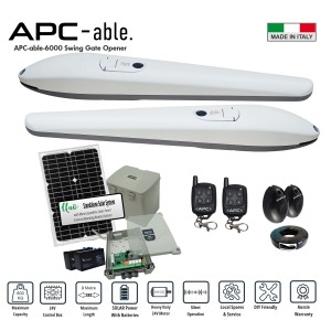 Standalone Solar OFF-GRID APC Able 3000x2 Heavy Duty Italian Made Double Swing Gate Opener Trade Kit | 24V Solar System for Max 6m Driveway Gates (3m or 600kg Per Gate) with Adjustable Built-In Stop, Remote Controls & Safety Sensors