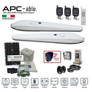 Standalone Solar OFF-GRID APC Able 3000x2 Heavy Duty Italian Made Double Swing Gate Opener Super Kit | 24V Solar System for Max 6m Driveway Gates (3m or 600kg Per Gate) with Adjustable Built-In Stop, Electric Gate Lock, Wireless Keypad, Push Button, Remote Controls & Safety Sensors