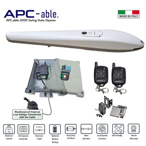 Italian-made APC Able 3000 Heavy-Duty Linear Actuator Trade kit. Single Swing Remote Control Driveway Gates Automatic Opening/Closing 24V System for Max 3m Gate With Adjustable Built-In Stop and Safety Sensors. APC Gate Automation Systems for Australian homes, with local support and warranty.