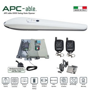 Italian-made APC Able 3000 Heavy-Duty Linear Actuator Trade kit. Single Swing Automatic Opening/Closing Driveway Gates 24V Low Voltage System for Max 3m Gate With Adjustable Built-In Stop and External Transformer with 20m Low Voltage Cable and Safety Sensors. APC Gate Automation Systems for Australian homes, with local support and warranty.