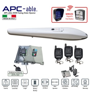 APC Able 3000 Heavy-Duty Italian Made Linear Actuator Wireless Controller Kit. Single Swing Gate Automation 24V Low Voltage System with External Transformer with 20m Low Voltage Cable, Remote Controls, Safety Sensors, Wireless Keypad and Push Button Switches for Max 3m Gate With Adjustable Built-In Stop.