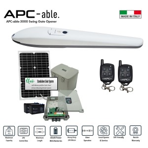 Build Your Own Solar-Powered Single Swing Gate Opener Kit with Italian-made APC Able 3000 Heavy-Duty Linear Actuator. Single Swing Remote Control Driveway Gates Automatic Opening/Closing 24V System for Max 3m Gate With Adjustable Built-In Stop and APC Uno Standalone Solar Power System for Australian homes are built to withstand harsh conditions and include local support and warranty.