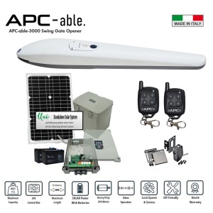 Solar-Powered Italian-made APC Able 3000 Heavy-Duty Linear Actuator Trade kit. Single Swing Remote Control Driveway Gates Automatic Opening/Closing 24V System for Max 3m Gate With Adjustable Built-In Stop, Safety Sensors and APC Uno Standalone Solar Power System. Single Swing Gate Automation.