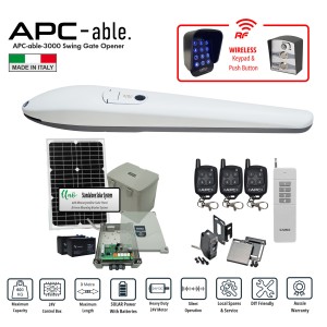 Solar-Powered Italian-made APC Able 3000 Heavy-Duty Linear Actuator Wireless Controller Kit. Single Swing Remote Control Driveway Gates Automatic Opening/Closing 24V System for Max 3m Gate With Adjustable Built-In Stop, Safety Sensors, APC Uno Standalone Solar Power System, Wireless Keypad and Exit button Switch. Single Swing Gate Automation.