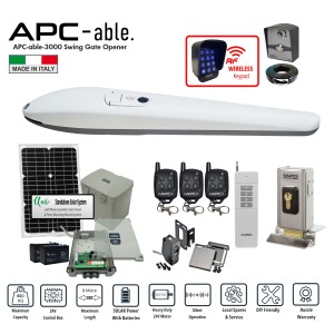 Solar-Powered Italian-made APC Able 3000 Heavy-Duty Linear Actuator Super Kit. Single Swing Remote Control Driveway Gates Automatic Opening/Closing 24V System for Max 3m Gate With Adjustable Built-In Stop, Safety Sensors, APC Uno Standalone Solar Power System, Electric Lock, Wireless Keypad and Exit button Switch. Single Swing Gate Automation.
