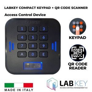 Keypad and QR Code Scanner Access Control Device with a 12-key Alphanumeric Keypad Featuring Backlit Pressure-Sensitive Keys. Made in Italy. Smart-sized dimensions 72 x 72 x 25 mm. Its durability and user-friendly Keypad with QR Code Scanner design make it easy to install in both modern settings and existing structures.