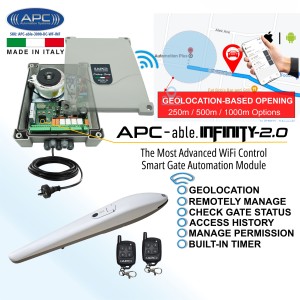 Smart Wi-Fi Single Swing Gate Automation Kit – Heavy-Duty Italian APC Able 3000 Linear Actuator with All-Metal Gears and Built-In Stops, Suitable for Driveway Gates up to 3m. Includes APC Infinity Wi-Fi Smart Control with Geo-Location Based Opening, Remote Access, Monitoring, Scheduled Closing, and Secure Sharing via Smartphone.