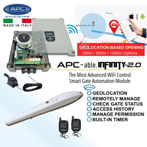 Smart Wi-Fi Single Swing Gate Automation Kit – Low-Voltage 24V Heavy-Duty Italian APC Able 3000 Linear Actuator with All-Metal Gears and Built-In Stops, Suitable for Driveway Gates up to 3m and External Transformer. Includes APC Infinity Wi-Fi Smart Control with Geo-Location Based Opening, Remote Access, Monitoring, Scheduled Closing, and Secure Sharing via Smartphone.
