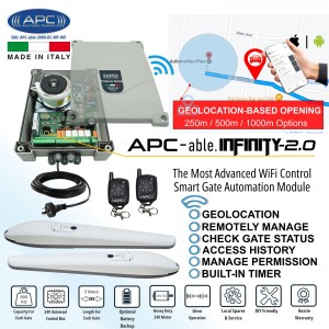 Smart Wi-Fi Double Swing Gate Automation Kit – Heavy-Duty Italian APC Able 3000x2 Linear Actuator with All-Metal Gears and Built-In Stops, Suitable for Driveway Gates up to 6m (3m or 600kg for Each Gate). Includes APC Infinity Wi-Fi Smart Control with Geo-Location Based Opening, Remote Access, Monitoring, Scheduled Closing, and Secure Sharing via Smartphone.
