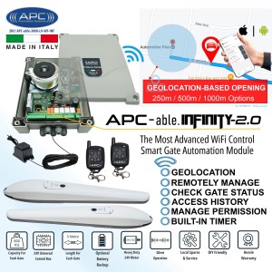 Smart Wi-Fi Double Swing Gate Automation Kit – Heavy-Duty Italian APC Able 3000x2 Linear Actuator with All-Metal Gears and Built-In Stops, Suitable for Driveway Gates up to 6m (3m or 600kg for Each Gate) and External Transformer with 20m Low Voltage Cable. Includes APC Infinity Wi-Fi Smart Control with Geo-Location Based Opening, Remote Access, Monitoring, Scheduled Closing, and Secure Sharing via Smartphone.
