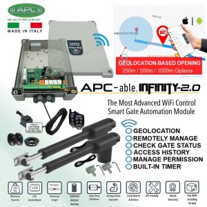 Double Swing Gates Automation, APC Proteous PT-9000 Automatic Electric Gate Opener System with APC Infinity WiFi Control Smart Gate Automation Module. Double Swing Electric Gate Opener With Low Voltage External Transformer.