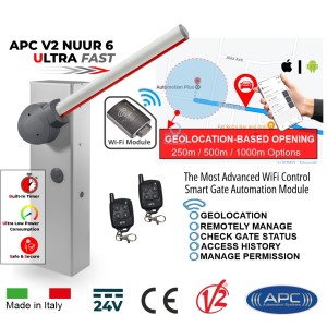 Smart Wi-Fi Boom Gate Operator Kit - Universal Boom Gate Ultra High-Speed 24V DC, 6 Meter Barrier Made in Italy, Two  Remote Control Includes APC Infinity Wi-Fi Smart Control with Geo-Location Based Opening, Remote Access, Monitoring, Scheduled Closing, and Secure Sharing via Smartphone.