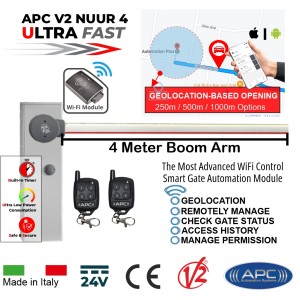 Smart Wi-Fi 4 Meter Boom Gate Operator Kit - Universal Boom Gate Ultra High-Speed 24V DC APC V2 NUUR4, Made in Italy Includes Two Remote Control and APC Infinity Wi-Fi Smart Control with Geo-Location Based Opening, Remote Access, Monitoring, Scheduled Closing, and Secure Sharing via Smartphone
