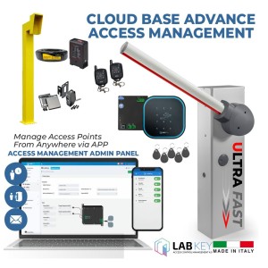 Cloud Based Advanced Access Management 6 Meter Universal Boom Gate Kit – Includes APC V2 NUUR 6 Ultra High-Speed 24V DC Boom Barrier Gate Operator and LabKey Wi-Fi Control Unit with Keypad, NFC & EM Tag Reader, Remote Controls, Induction Loop, Gooseneck Pedestal, and Retro-Reflective Safety Sensor. Complete Boom Gate and Car Parking Smart Access Control and Management System, Made in Italy.