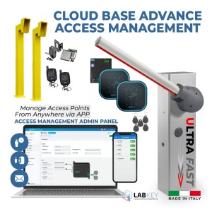 6 Meter Ultra High-Speed Universal Boom Gate Cloud-Based Advanced Access Management Kit. Included APC V2 NUUR 6 24V DC Ultra Fast Universal Boom Barrier Gate Operator and The LabKey Wi-Fi Control Unit with Two Keypad + NFC, EM Tag Reader, Remote Controls, Gooseneck Pedestals and Retro Reflective Safety Sensor. Complete Boom Gate / Car Parking Smart Entry and Exit Access Control System Made in Italy.
