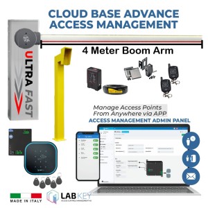 4 Meter Universal Boom Gate Cloud-Based Advanced Access Management Kit. Included APC V2 NUUR 4 Ultra High-Speed 24V DC Boom Barrier Gate Operator and The LabKey Wi-Fi Control Unit with Keypad + NFC, EM Tag Reader, Remote Controls, Induction Loop, Gooseneck Pedestal and Retro Reflective Safety Sensor. Complete Boom Gate / Car Parking Smart Access Control and Management System Made in Italy.