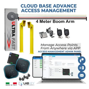 4 Meter Arm Ultra High-Speed Universal Boom Gate Cloud-Based Advanced Access Management Kit. Included APC V2 NUUR 4 24V DC Ultra Fast Universal Boom Barrier Gate Operator and The LabKey Wi-Fi Control Unit with Two Keypad + NFC, EM Tag Reader, Remote Controls, Gooseneck Pedestals and Retro Reflective Safety Sensor. Complete Boom Gate / Car Parking Smart Entry and Exit Access Control System Made in Italy.
