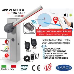 Smart Wi-Fi Boom Gate Operator Kit - Universal Boom Gate Ultra High-Speed 24V DC, 6 Meter Boom Barrier Made in Italy, External 24V Transformer with 20m Low Voltage Cable, Two Remote Controls Includes APC Infinity Wi-Fi Smart Control with Geo-Location Based Opening, Remote Access, Monitoring, Scheduled Closing, and Secure Sharing via Smartphone.