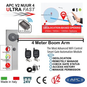 Smart Wi-Fi 4 Meter Boom Gate Operator Kit - Universal Boom Gate Ultra High-Speed 24V DC APC V2 NUUR4, Made in Italy Includes Two Remote Control, External 24V Transformer with 20m Low Voltage Cable and APC Infinity Wi-Fi Smart Control with Geo-Location Based Opening, Remote Access, Monitoring, Scheduled Closing, and Secure Sharing via Smartphone
