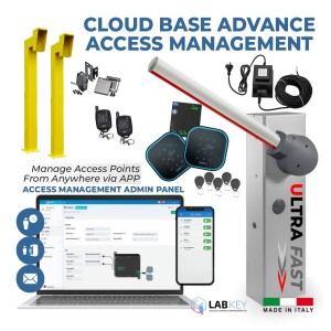 6 Meter Arm Boom Gate Operator Kit with Advanced Cloud-Based Access Control Management System. Included External 24V Transformer with 20m Low Voltage Cable, APC V2 NUUR 6 24V DC Ultra Fast Universal Boom Barrier Gate and The LabKey Wi-Fi Control Unit with Two Keypad + NFC, EM Tag Reader, Remote Controls, Gooseneck Pedestals and Retro Reflective Safety Sensor. Complete Boom Gate / Car Parking Smart Entry and Exit Access Control System Made in Italy.