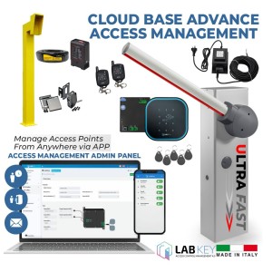 6 Meter Arm, Boom Gate Operator Kit with Advanced Cloud-Based Access Control Management System. Included External 24V Transformer with 20m Low Voltage Cable, APC V2 NUUR 6 24V DC Ultra Fast Universal Boom Barrier Gate and The LabKey Wi-Fi Control Unit with Keypad + NFC, EM Tag Reader, Remote Controls, Induction Loop, Gooseneck Pedestal and Retro Reflective Safety Sensor. Complete Boom Gate / Car Parking Smart Access Control and Management System Made in Italy.