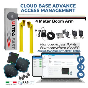4M Boom Gate Operator Kit with Advanced Cloud-Based Access Control Management System. Included External 24V Transformer with 20m Low Voltage Cable, APC V2 NUUR 6 24V DC Ultra Fast Universal Boom Barrier Gate and The LabKey Wi-Fi Control Unit with Two Keypad + NFC, EM Tag Reader, Remote Controls, Gooseneck Pedestals and Retro Reflective Safety Sensor. Complete Boom Gate Smart Entry and Exit Access Control System Made in Italy.