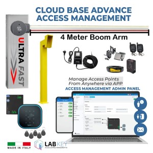 4M Boom Gate Operator Kit with Advanced Cloud-Based Access Control Management System. Included External 24V Transformer with 20m Low Voltage Cable, APC V2 NUUR 4 Ultra High-Speed 24V DC Boom Barrier Gate Operator and The LabKey Wi-Fi Control Unit with Keypad + NFC, EM Tag Reader, Remote Controls, Induction Loop, Gooseneck Pedestal and Retro Reflective Safety Sensor. Complete Boom Gate Smart Access Control and Management System Made in Italy.