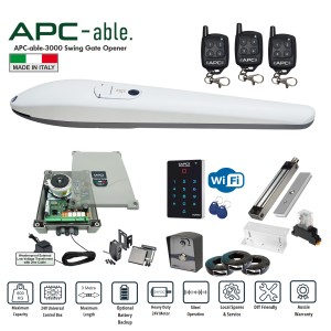 Single Swing Gate Opener Super Secure Kit - Italian-Made APC-ABLE-3000 Heavy Duty Linear Actuator.  Single Swing Gate Automation System With High-Strength Magnetic Lock For Securing Large & Tall Gates From Heavy Wind Load, Wi-Fi Keypad With APP Control, Exit Button, Safety Sensors And External Transformer With 20m Low Voltage Cable For Single Driveway Gates Automatic Opening/Closing 24V Low Voltage System For Max 3m Gate With Adjustable Built-In Stop.