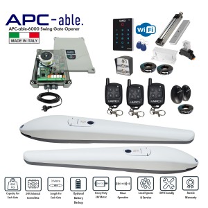 Double Swing Gate Opener Super Secure Kit - Italian-Made APC-ABLE-3000x2 Heavy Duty Linear Actuator.  Double Swing Gate Automation System With High-Strength Magnetic Lock For Securing Large & Tall Gates From Heavy Wind Load, Wi-Fi Keypad With APP Control, Exit Button & Safety Sensors For Double Driveway Gates Automatic Opening/Closing 24V System for Max 6m Gates (3m or 600kg for Each Gate) With Adjustable Built-In Stop.