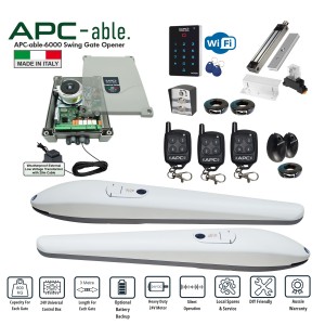 Double Swing Gate Opener Super Secure Kit - Italian-Made APC-ABLE-3000x2 Heavy Duty Linear Actuator.  Double Swing Gate Automation System With High-Strength Magnetic Lock For Securing Large & Tall Gates From Heavy Wind Load, Wi-Fi Keypad With APP Control, Exit Button, Safety Sensors And External Transformer With 20m Low Voltage Cable For Double Driveway Gates Automatic Opening/Closing 24V Low Voltage System For Max 6m Gates (3m or 600kg for Each Gate) With Adjustable Built-In Stop.