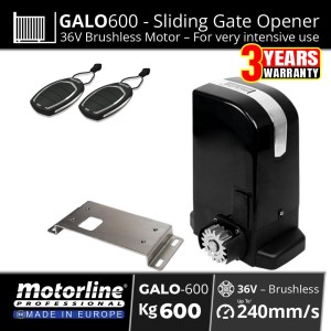 Motorline GALO600 Sliding Gate Opener | 36V Brushless Sliding Gate Motor up to 600kg | European Made by Motorline GALO Sliding Gate Opener features smooth, quiet operation, advanced obstacle detection, magnetic limits and an encoder-controlled sliding gate.