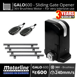 Heavy Duty Sliding Gate Opener Kit With Motorline GALO600 36V Brushless Sliding Gate Motor up to 600kg | European-made by Motorline, the GALO Sliding Gate Opener features smooth, quiet operation, advanced obstacle detection, magnetic limits, and an encoder-controlled sliding gate.