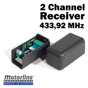 Motorline 2 Channel External Receiver. It can be used on door locks, gates and garage doors. The Two-Channel External Receiver lets you operate any automation via Motorline remote and wireless accessories.