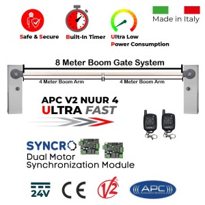 8m Double Boom Barrier System / Dual Boom Gates / Parking Barriers, Traffic Access Control APC V2 NUUR4. Universal Boom Gate Ultra High-Speed 24V DC, 2x4 Meter Boom Gate Barrier Made in Italy, Two Key Chain Remote Control and APC Syncro Module Set