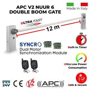 12m Double Boom Barrier System / Dual Boom Gates / Parking Barriers, Traffic Access Control APC V2 NUUR 6. Universal Boom Gate Ultra High-Speed 24V DC, 2x6 Meter Boom Gate Barrier Made in Italy, Two Key Chain Remote Control and APC Syncro Module Set