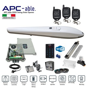 Single Swing Gate Opener Super Secure Kit - Italian-Made APC-ABLE-3000 Heavy Duty Linear Actuator.  Single Swing Gate Automation System With High-Strength Magnetic Lock For Securing Large & Tall Gates From Heavy Wind Load, Wi-Fi Keypad With APP Control, Exit Button & Safety Sensors For Single Driveway Gates Automatic Opening/Closing 24V System for Max 3m Gate With Adjustable Built-In Stop.