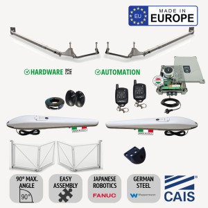 Bi-folding Space-Saving Feature Double Swing Gate Hardware (CAIS) with DC Powered Automatic Electric Gate Automation Kit Italian Made APC-ABLE-3000x2 Heavy Duty Linear Actuator (Gates are not included)