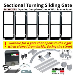 3m to 3.5m Opening Corner Turning Sliding Gate Complete Combo With Radius Sliding Gate Hardware, Lead Gate Frame and 5 Following Gate Frame Leafs and Gate Automation | Italian-Made Sliding Gate Opener with Corner Turning Multi-Panels Sliding Gate Hardware, R=0.5m Curved Ground Track, Gate Frame Panels, Hinges, Sectional Gate Wheels, Sliding Gate Tracks, Limit Stops for Gate Opening and Closing Position and Adjustable Upper Guide Plate with 4 Rollers. | Designed for Right-Hand Opening Only - Suitable for gate that opens to the right when viewed from inside facing the street