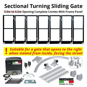 3.5m to 4.2m Opening Corner Turning Sliding Gate Complete Combo With Radius Sliding Gate Hardware, Lead Gate Frame and 6 Following Gate Frame Leafs and Gate Automation | Italian-Made Sliding Gate Opener with Corner Turning Multi-Panels Sliding Gate Hardware, R=0.5m Curved Ground Track, Gate Frame Panels, Hinges, Sectional Gate Wheels, Sliding Gate Tracks, Limit Stops for Gate Opening and Closing Position and Adjustable Upper Guide Plate with 4 Rollers. | Designed for Right-Hand Opening Only - Suitable for gate that opens to the right when viewed from inside facing the street