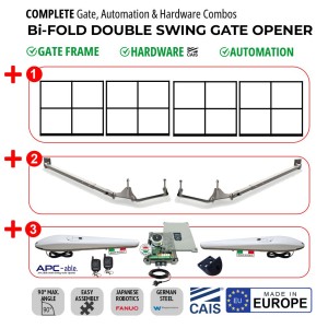 5m Trackless Bi-Fold Double Swing Gate and Gate Automation Kit Combo | Bi-folding Space-Saving Feature Double Swing Gate Hardware (CAIS) With Four Gate Frame and Automatic Electric Gate Automation Kit Featuring Italian-Made APC Able 3000x2 Heavy-Duty Linear Actuator With Adjustable Built-In Stop.